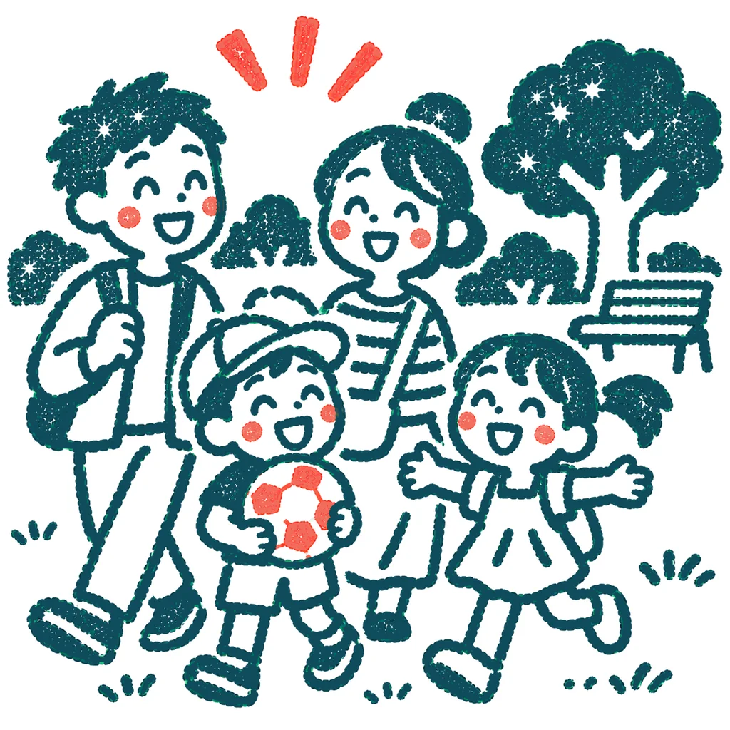 家族で公園を散歩のイラスト(はんこ)