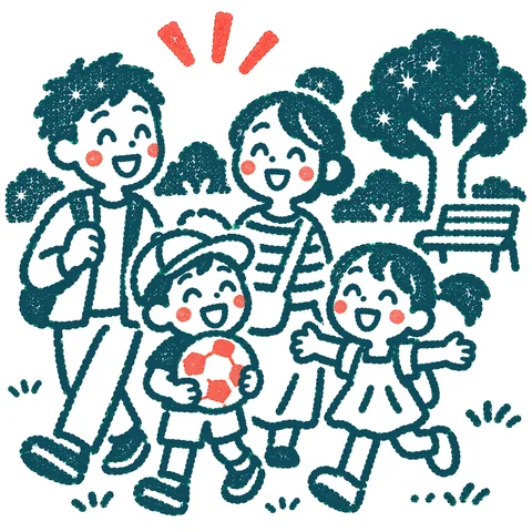 家族で公園を散歩のイラスト(はんこ)