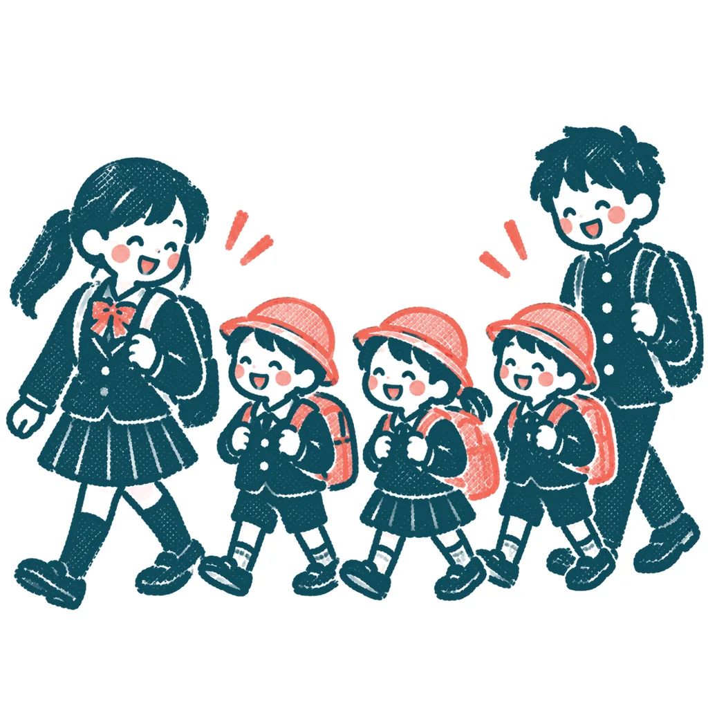 集団登校する一年生のイラスト(はんこ)