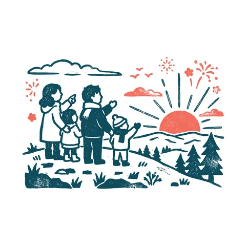 初日の出を見る人たちのイラスト(はんこ・顔なし)