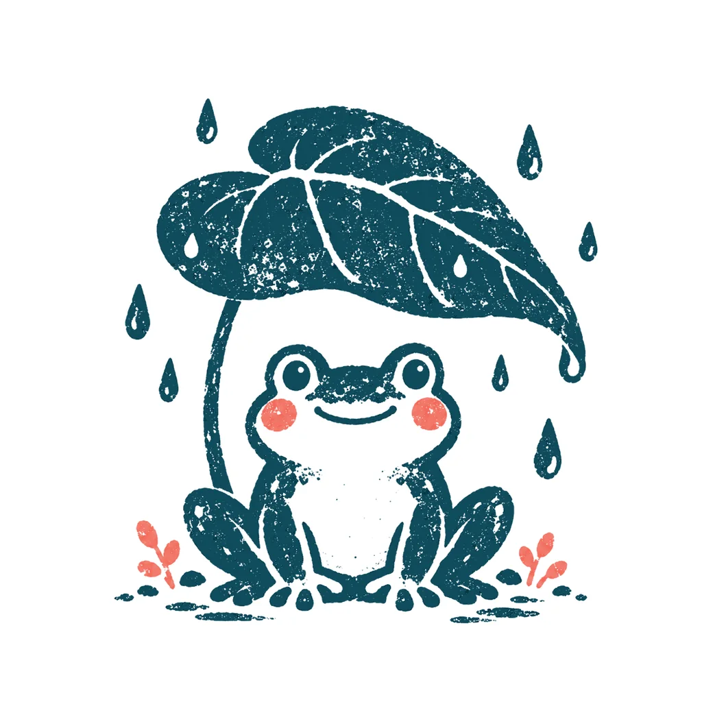 カエルと雨のイラスト(はんこ)