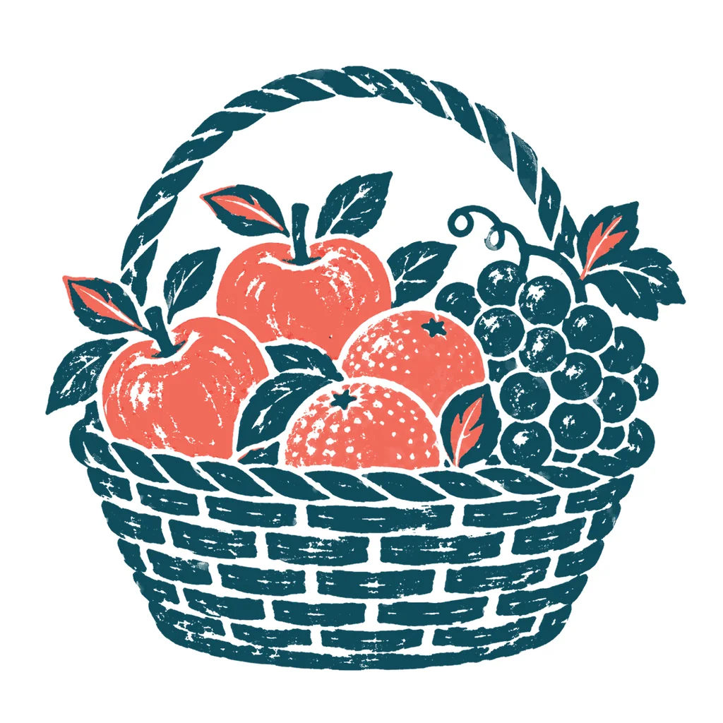 果物のかご盛りのイラスト(はんこ)