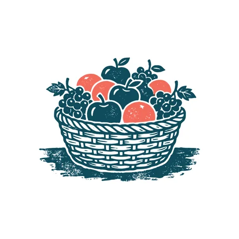 果物のかご盛りのイラスト(はんこ・顔なし)