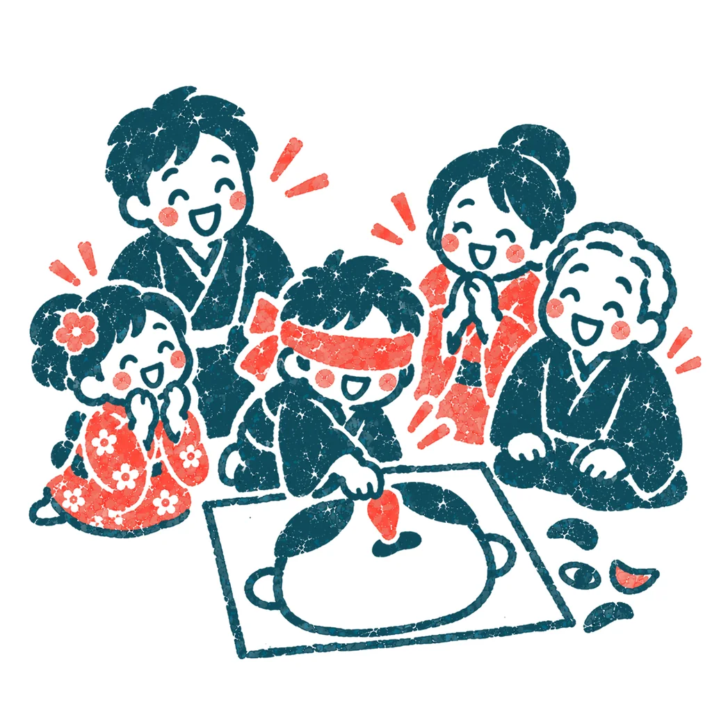 福笑いで遊ぶ家族のイラスト(はんこ)