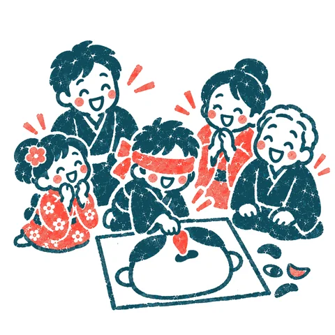 福笑いで遊ぶ家族のイラスト(はんこ)