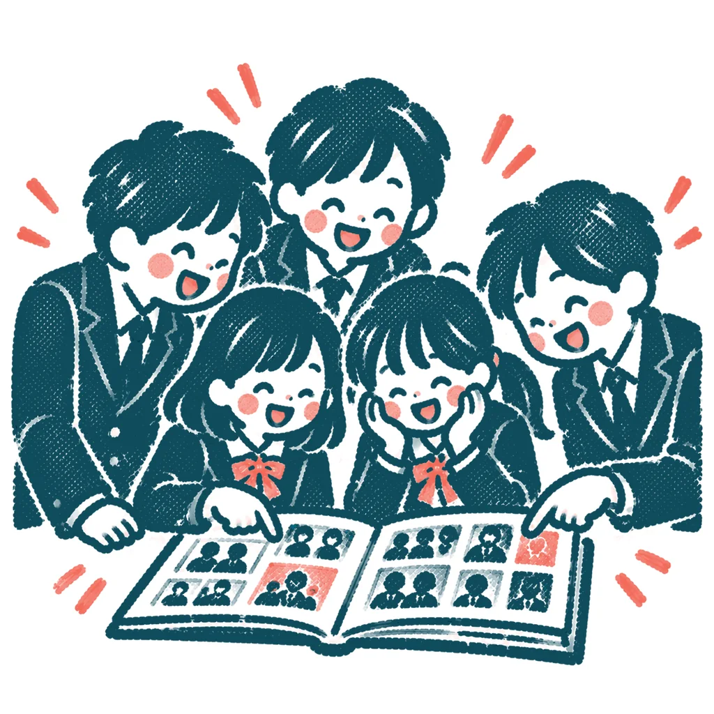 卒業アルバムを見る友だちのイラスト(はんこ)