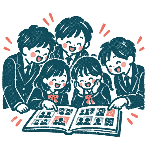 卒業アルバムを見る友だちのイラスト(はんこ)