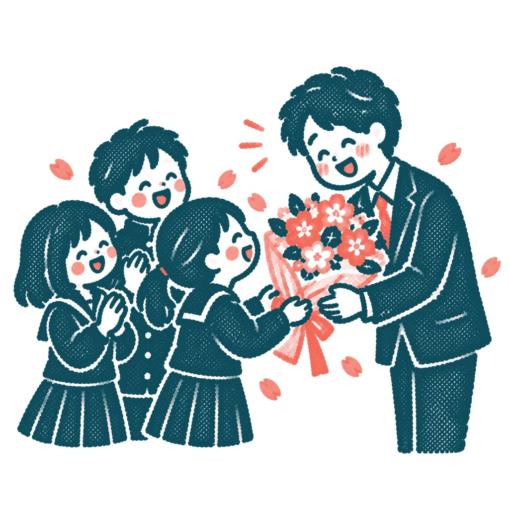 先生に花束を渡す生徒のイラスト(はんこ)