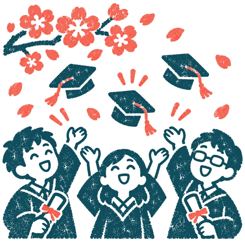 桜の下の卒業生のイラスト(はんこ)