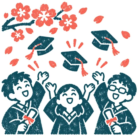 桜の下の卒業生のイラスト(はんこ)