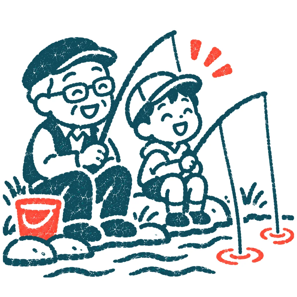 孫と釣りをする祖父のイラスト(はんこ)