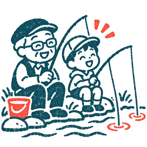孫と釣りをする祖父のイラスト(はんこ)
