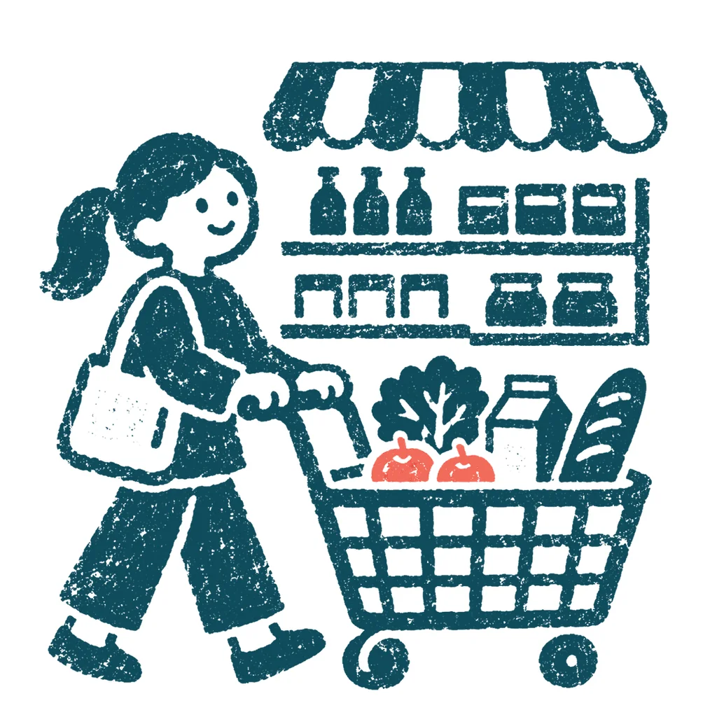 スーパーで買い物する人のイラスト(はんこ)