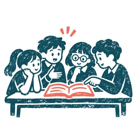 グループで学ぶ生徒のイラスト(はんこ)