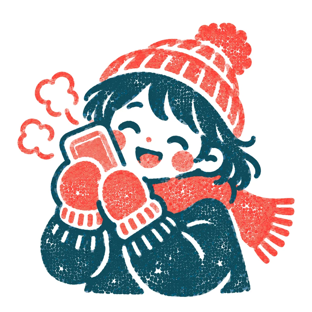 カイロで暖まる人のイラスト(はんこ)