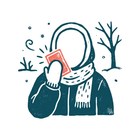 カイロで暖まる人のイラスト(はんこ・顔なし)
