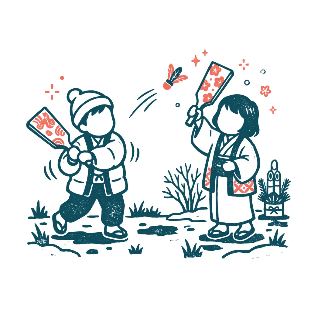 羽根つきで遊ぶ子どもたちのイラスト(はんこ・顔なし)