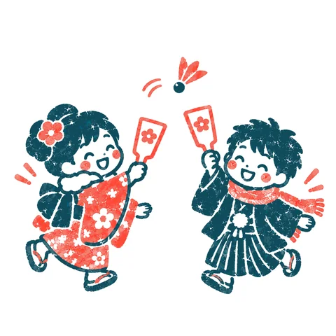 羽根つきで遊ぶ子どもたちのイラスト(はんこ)