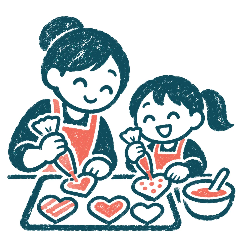 ハートのクッキーを作る親子のイラスト(はんこ)