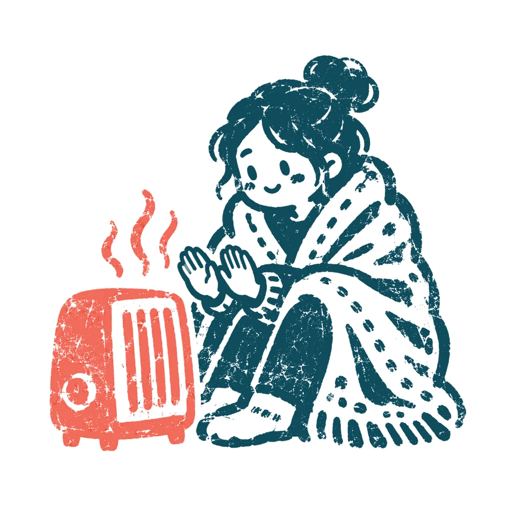 ストーブで暖まる人のイラスト(はんこ)