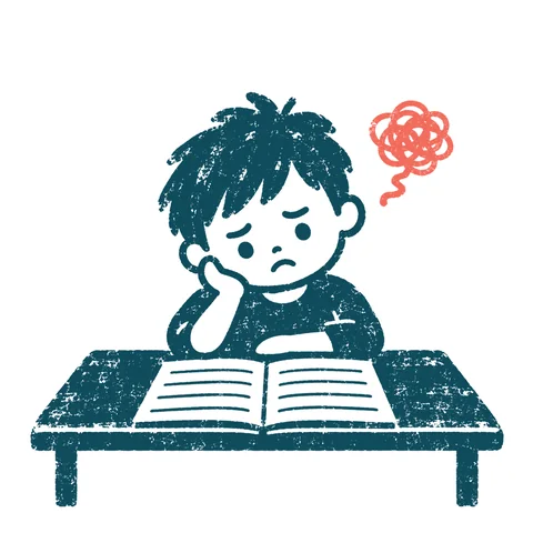 宿題に悩む子どものイラスト(はんこ)