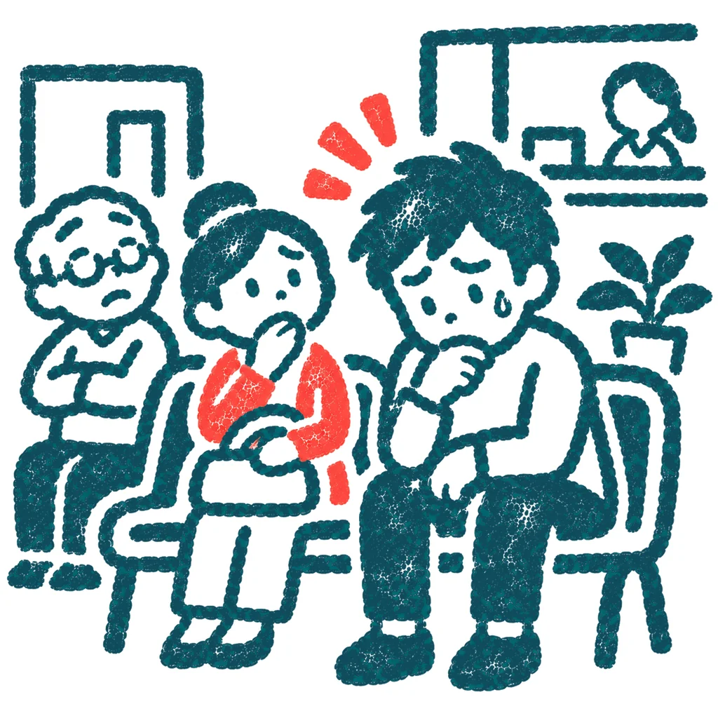 病院で順番を待つ人のイラスト(はんこ)
