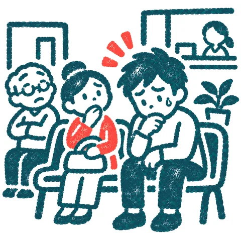 病院で順番を待つ人のイラスト(はんこ)