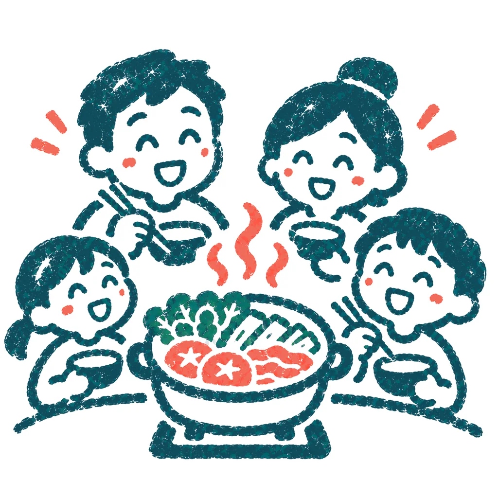 鍋料理を囲むのイラスト(はんこ)