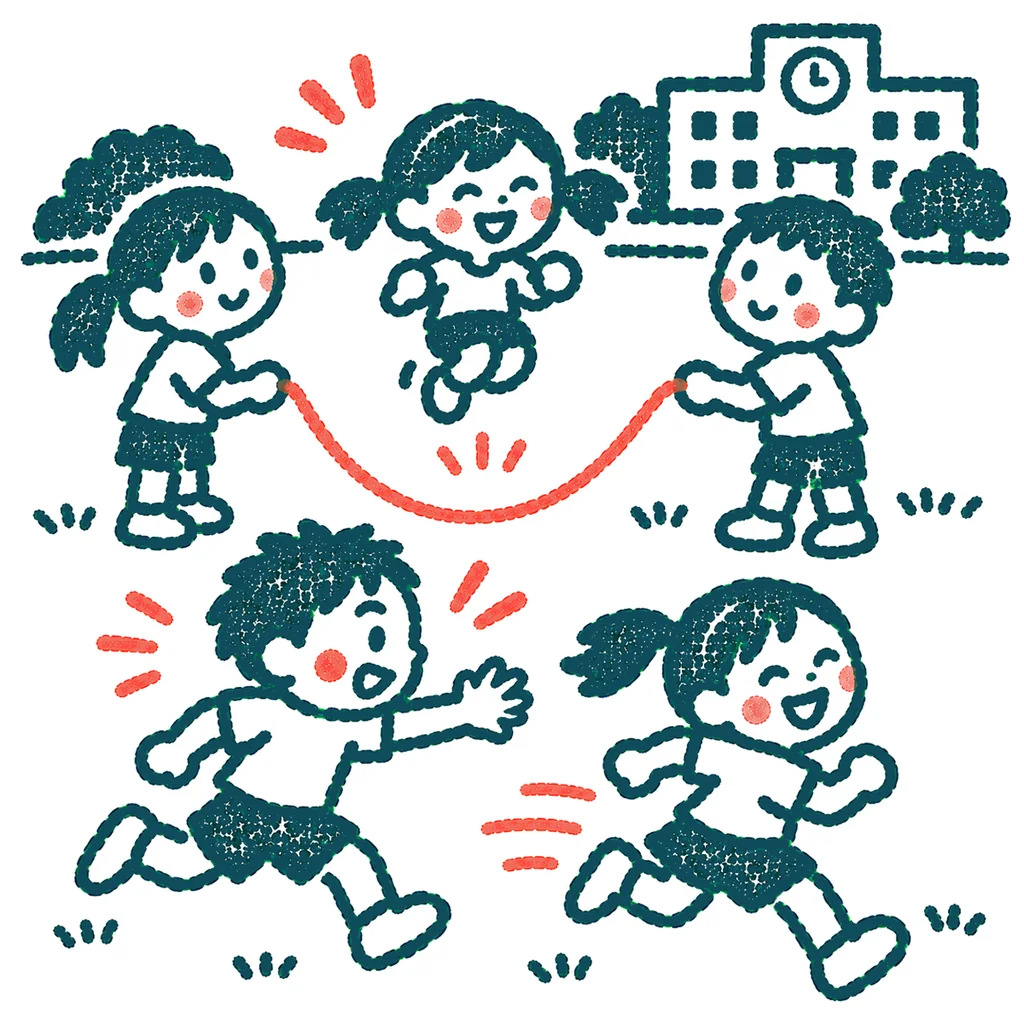 休み時間に遊ぶ子どもたちのイラスト(はんこ)