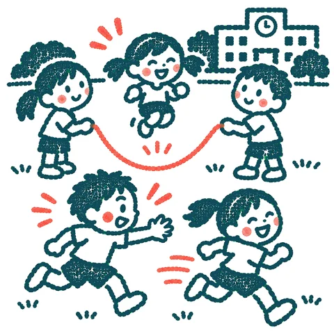休み時間に遊ぶ子どもたちのイラスト(はんこ)