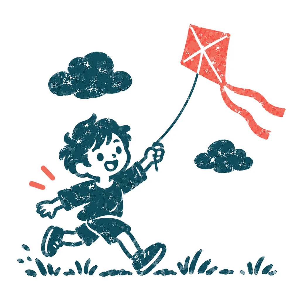 凧揚げをする子どものイラスト(はんこ)