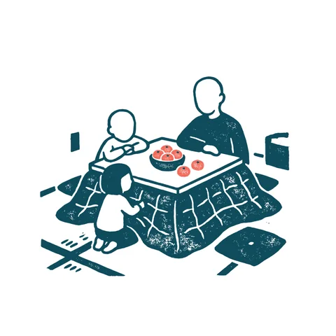 こたつでくつろぐ家族のイラスト(はんこ・顔なし)