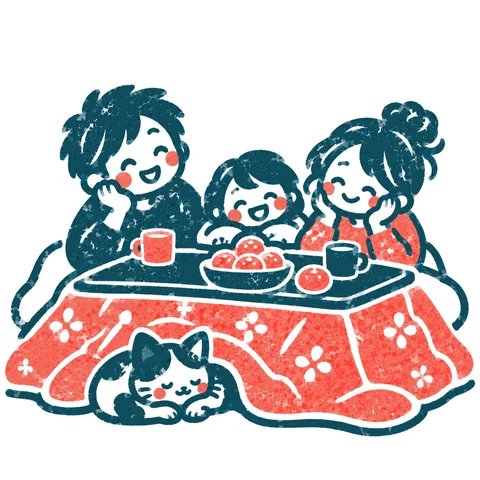 こたつでくつろぐ家族のイラスト(はんこ)