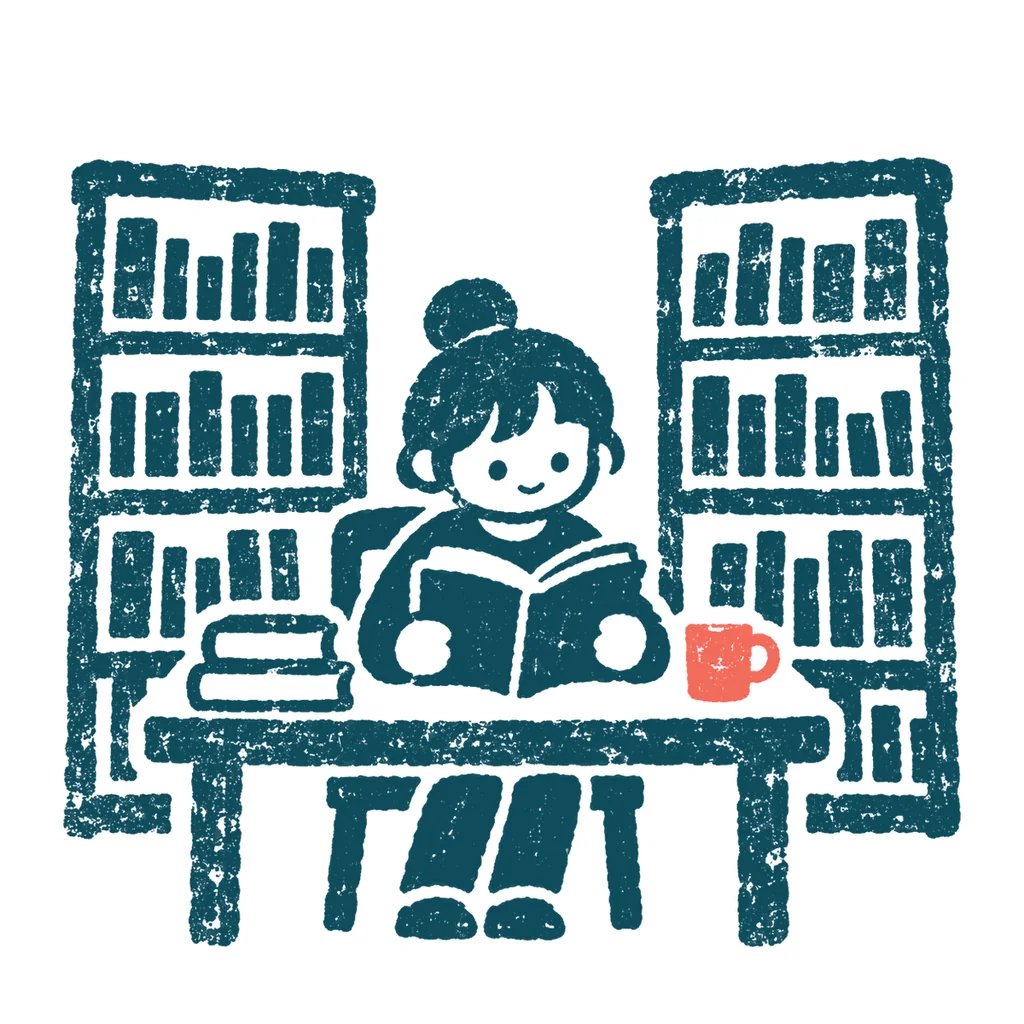 図書館で本を読む人のイラスト(はんこ)