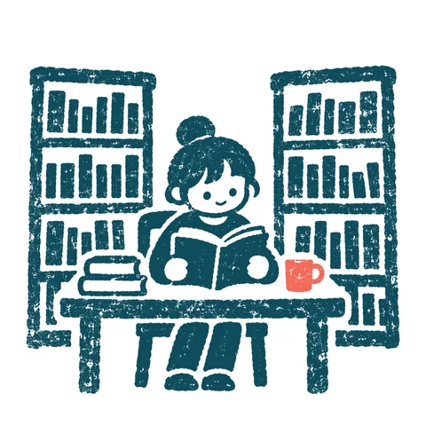 図書館で本を読む人のイラスト(はんこ)