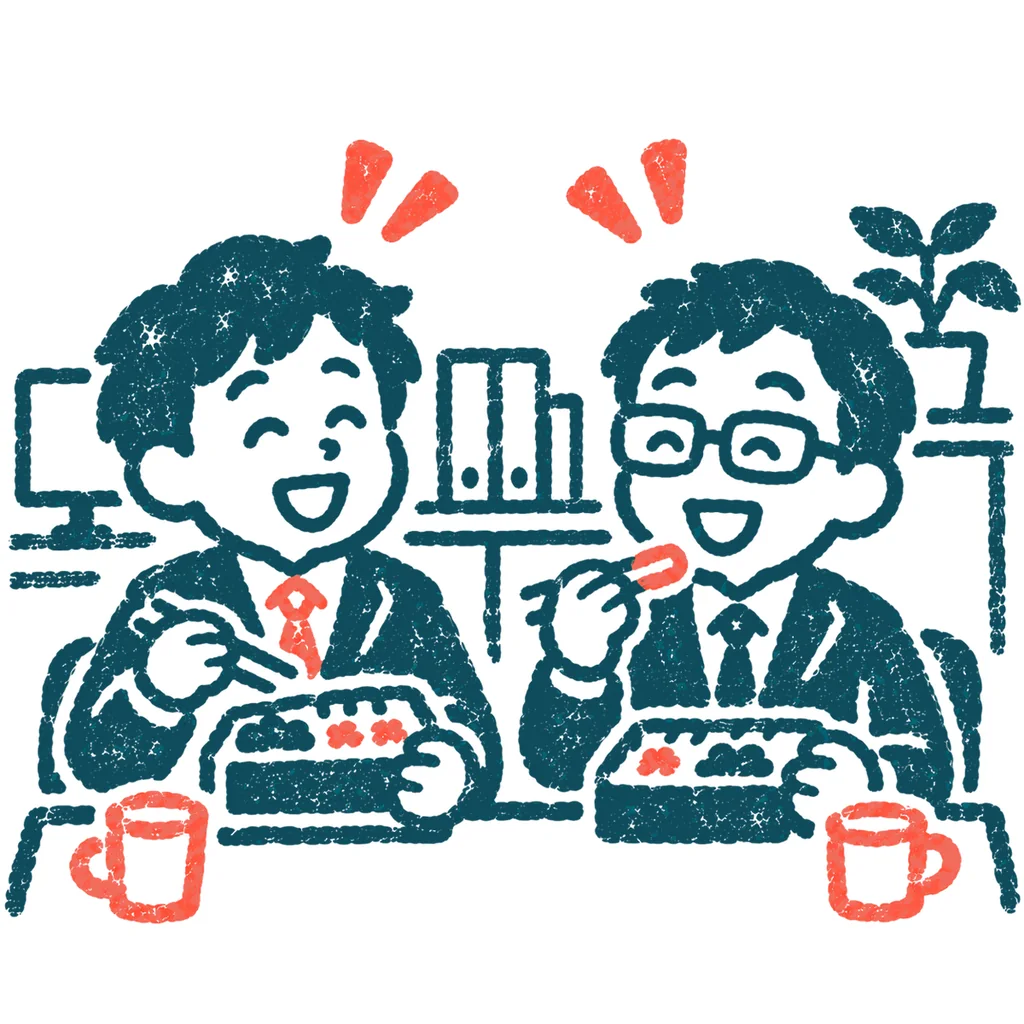 昼休みに食事する会社員のイラスト(はんこ)