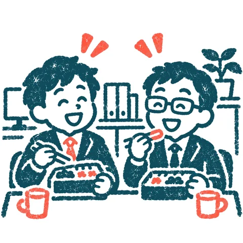 昼休みに食事する会社員のイラスト(はんこ)