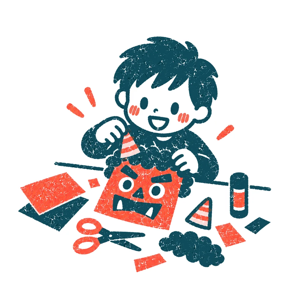 鬼のお面を作る子どものイラスト(はんこ)