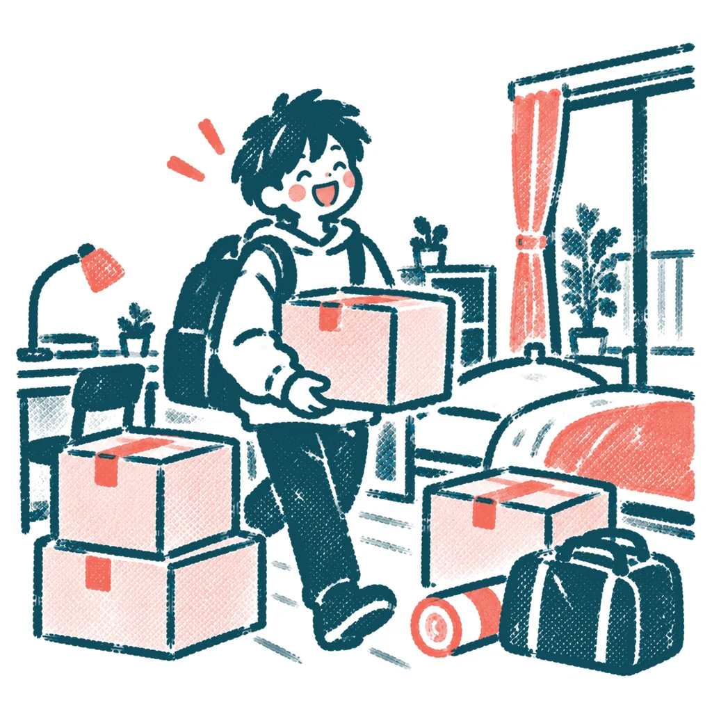 進学で一人暮らしを始める人のイラスト(はんこ)