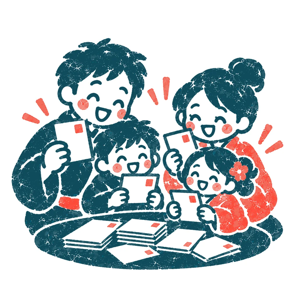 届いた年賀状を見る家族のイラスト(はんこ)