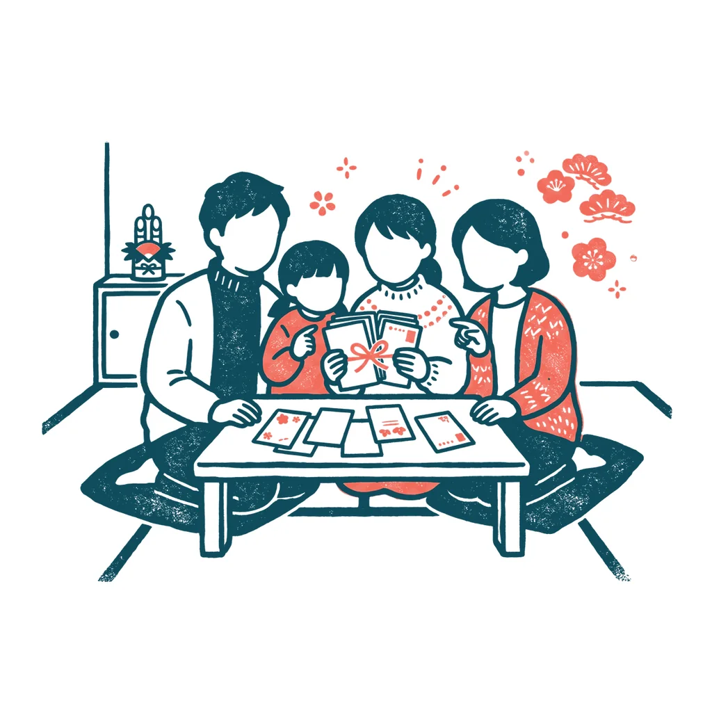 届いた年賀状を見る家族のイラスト(はんこ・顔なし)