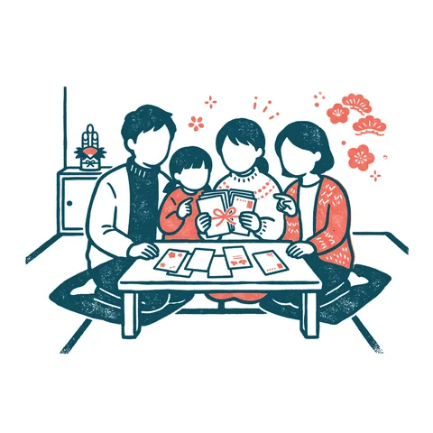 届いた年賀状を見る家族のイラスト(はんこ・顔なし)