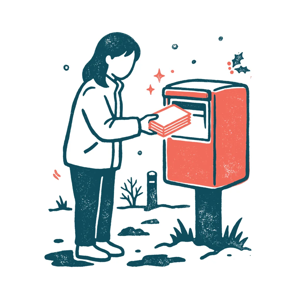 年賀状をポストに入れる人のイラスト(はんこ・顔なし)