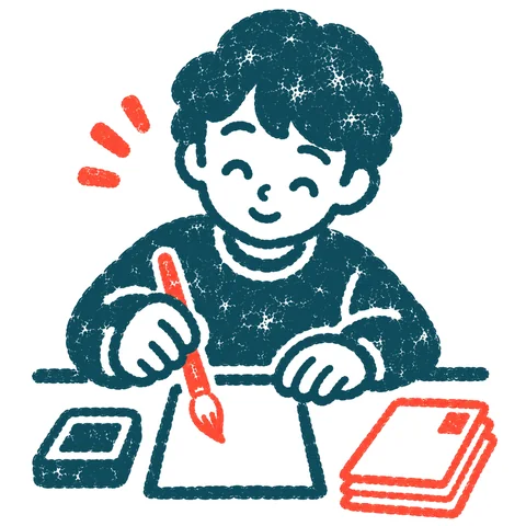 年賀状を書く人のイラスト(はんこ)