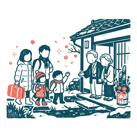 お正月に帰省する家族のイラスト(はんこ・顔なし)
