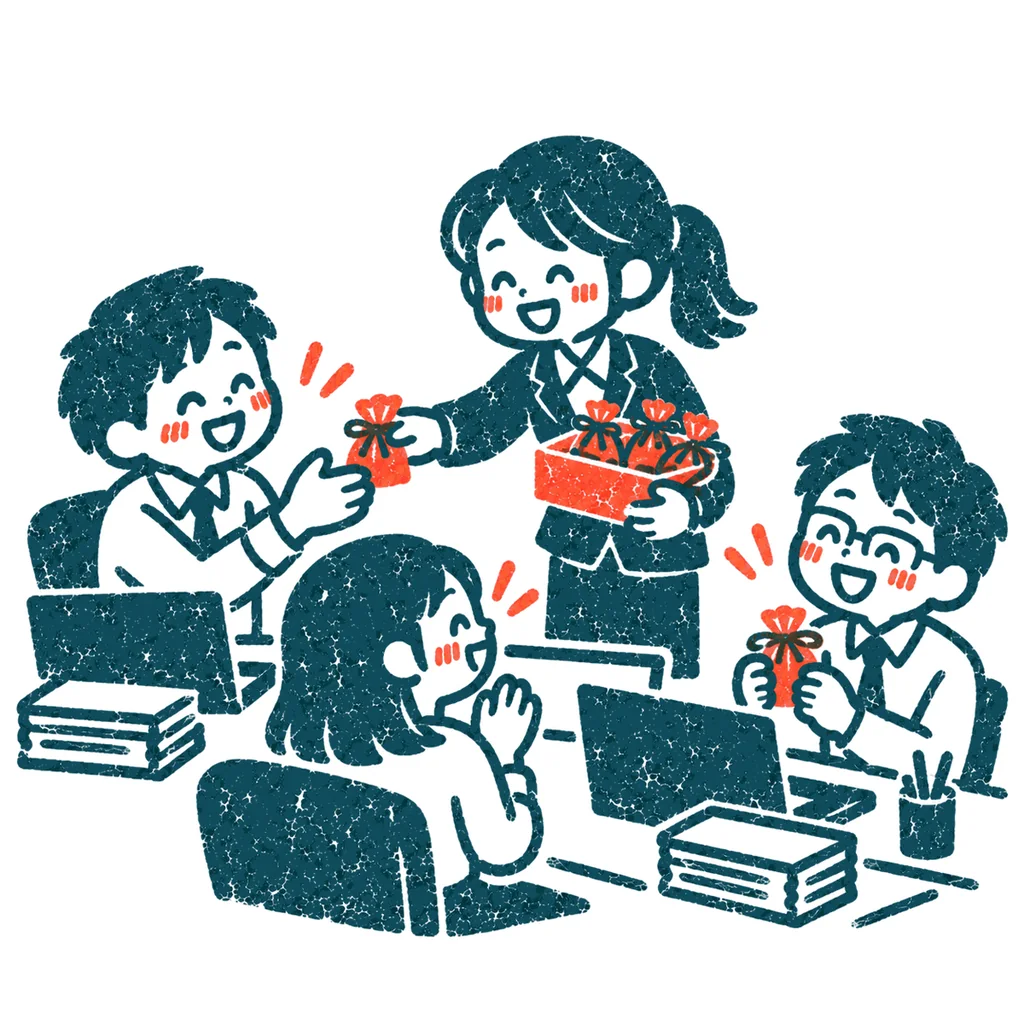 職場でチョコを配る人のイラスト(はんこ)
