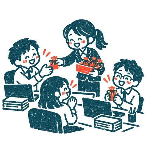 職場でチョコを配る人のイラスト(はんこ)