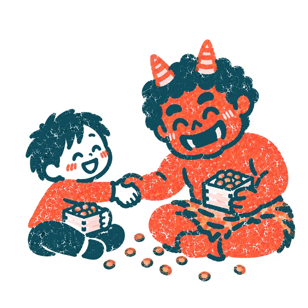 鬼と仲直りする子どものイラスト(はんこ)