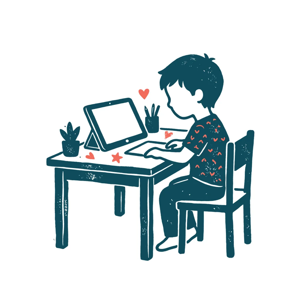 オンライン授業を受ける子どものイラスト(はんこ・顔なし)