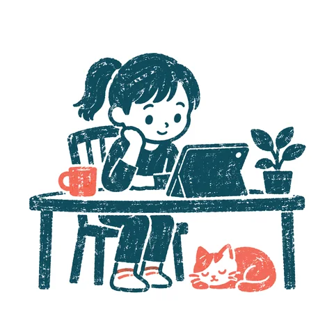 オンライン授業を受ける子どものイラスト(はんこ)